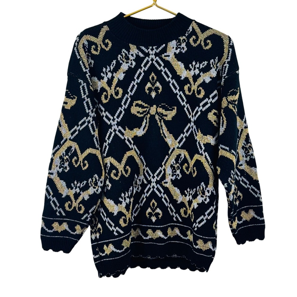 Vintage Dana Scott Metallic Gold Lurex Bow Chain Knit Sweater Black Small USA